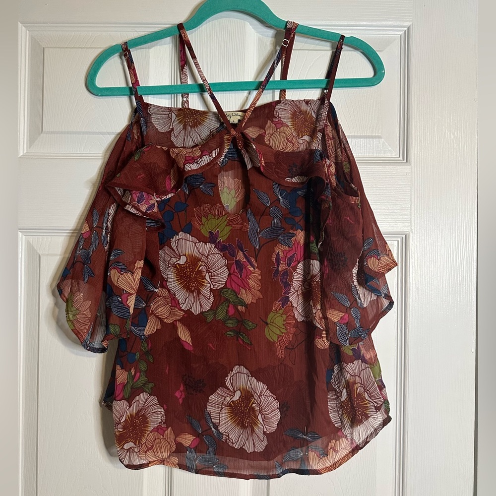 Lily White Floral Multi Flowy Strappy Cold Shoulder Boho Crop Blouse Sz L